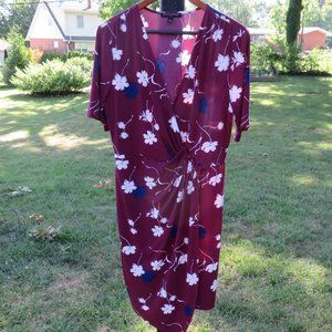Banana Republic Faux-Wrap Front, Maroon with White and Navy Floral, Knee-Length
